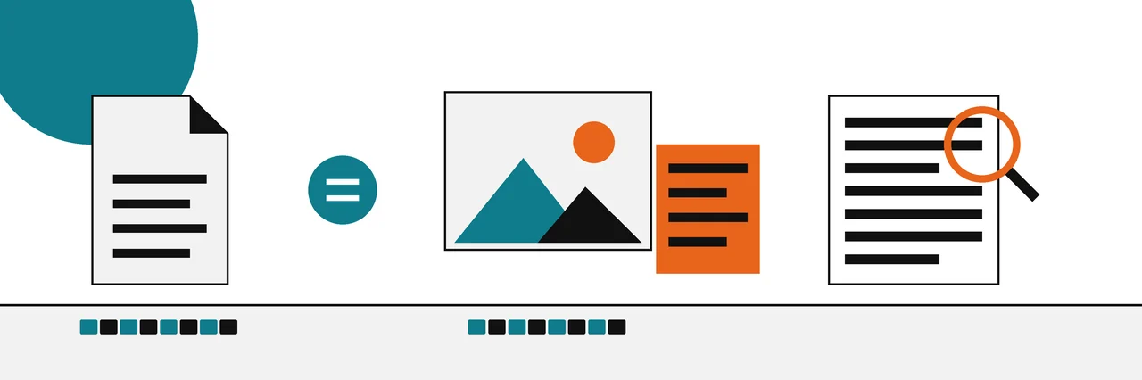 Flat geometric drawing of a workbench: a downloaded file beside its published fingerprint, a photo under a magnifier with a provenance label, and a document with a dated seal.